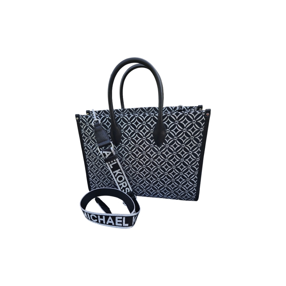 NWT Michael Kors Mirella Matllic Black Medium Logo Jacquard Tote Bag MSRP $588 - Picture 2 of 7